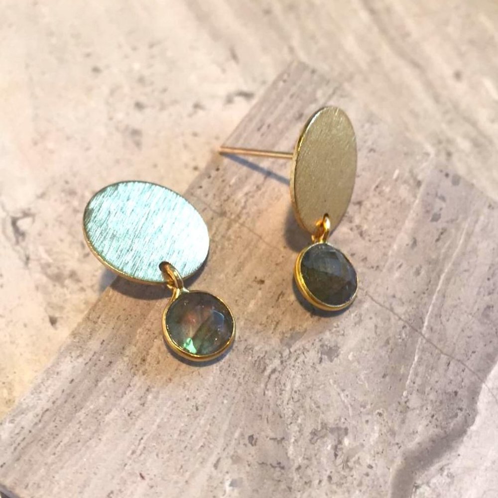 Gold Disk Labradorite Gemstone — Post Earrings